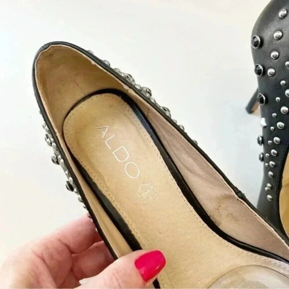Aldo Black Leather Pumps Pointed Toe High Heel Rhinestone Studded Stilettos 7.5 - Picture 9 of 16